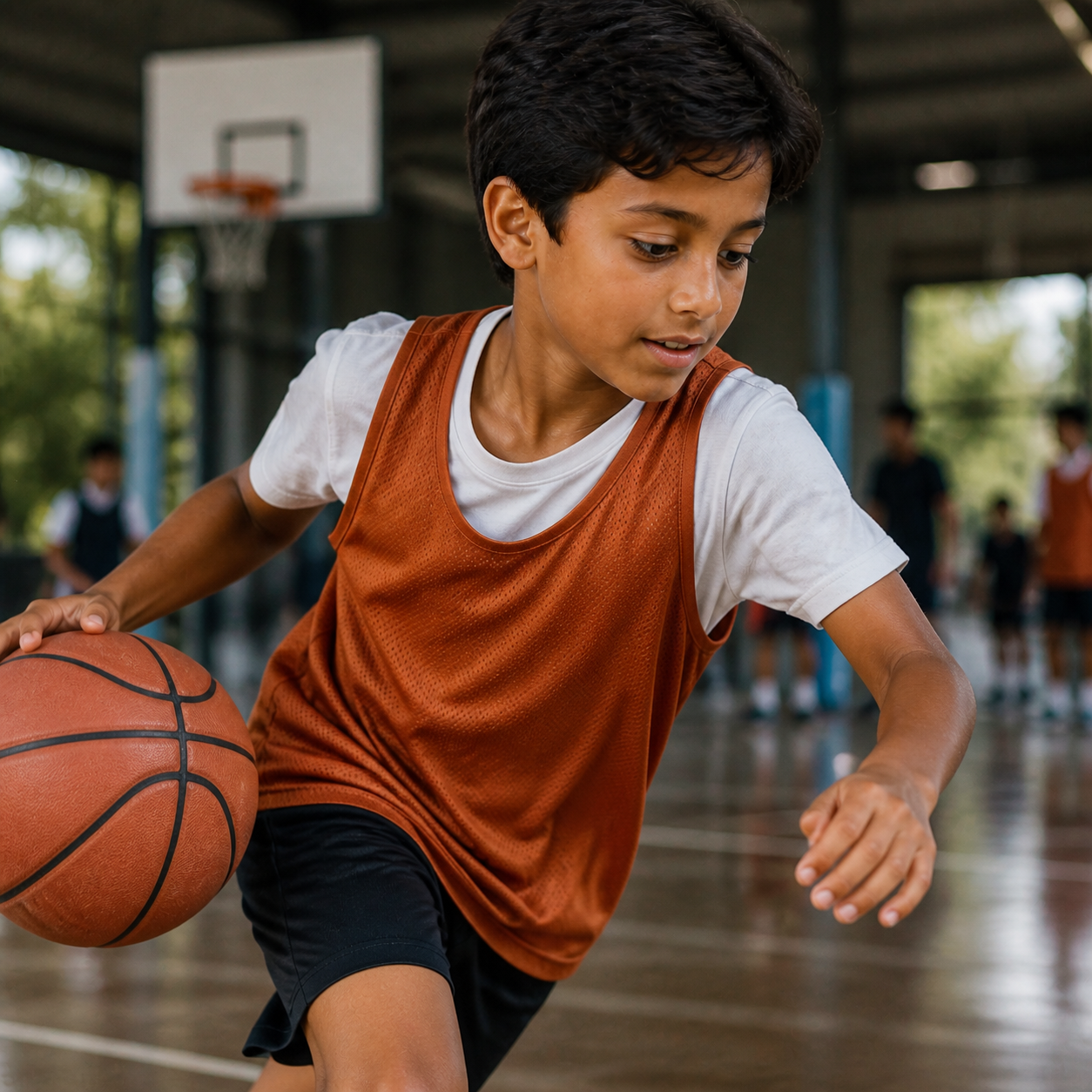 Child playing basketball outdoors