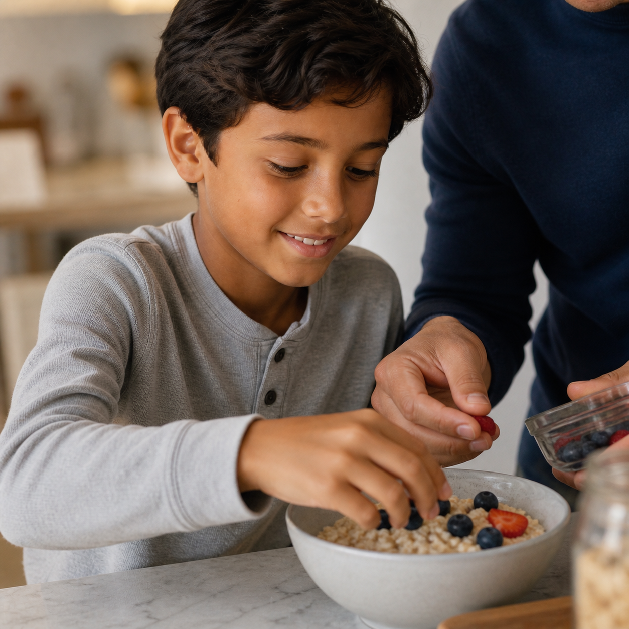 Child enjoying breakfast with his family